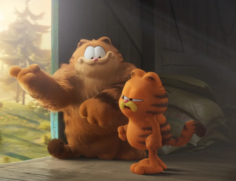 Ο γάτος Garfield από τη νέα ταινία με τις φωνές των Chris Pratt και Samuel L. Jackson.