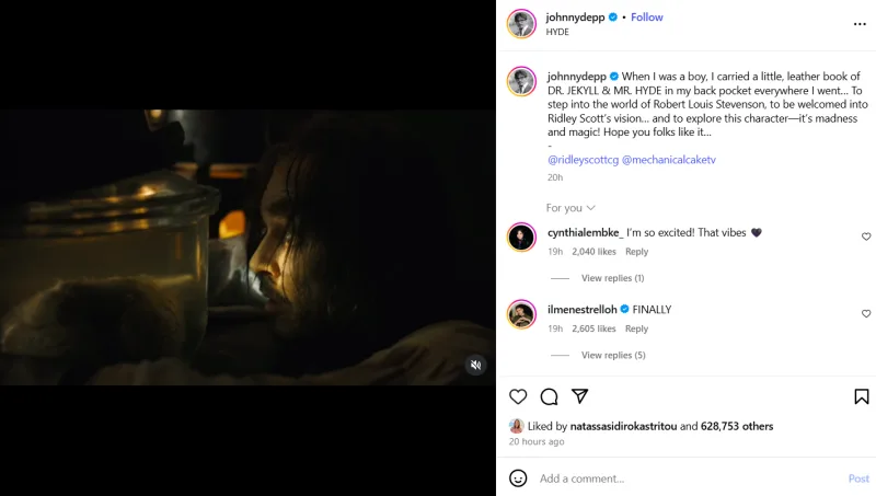 Ο Johnny Depp σε σκοτεινό πλάνο από το τρέιλερ για τον ρόλο του ως Mr. Hyde.