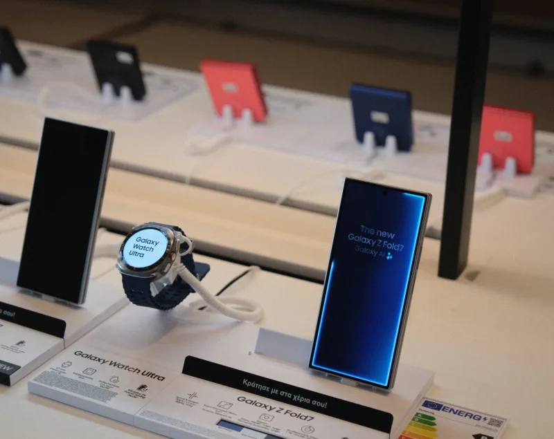 Samsung Galaxy Z Fold7 και Galaxy Watch Ultra σε εκθεσιακό χώρο.