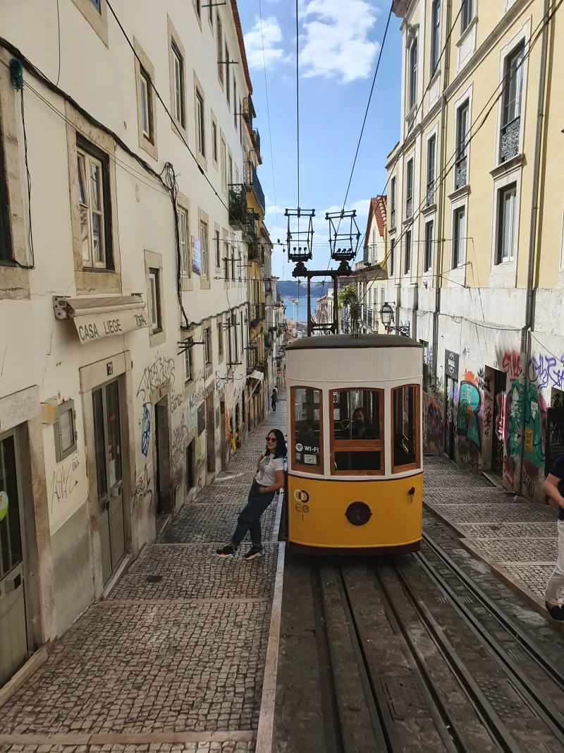 Γυναίκα ποζάρει δίπλα σε κίτρινο τραμ σε γραφικό δρόμο, ιδανικός για οικονομικές διακοπές στην Ευρώπη.