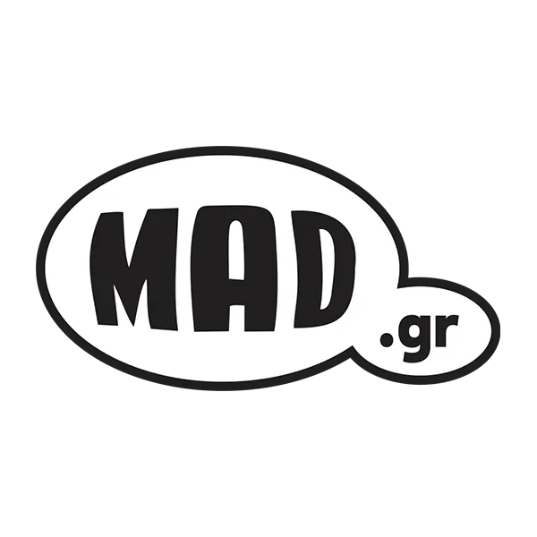 Το λογότυπο του mad.gr σε ασπρόμαυρο φόντο.