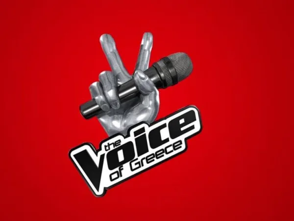 Το λογότυπο του The Voice of Greece σε κόκκινο φόντο.
