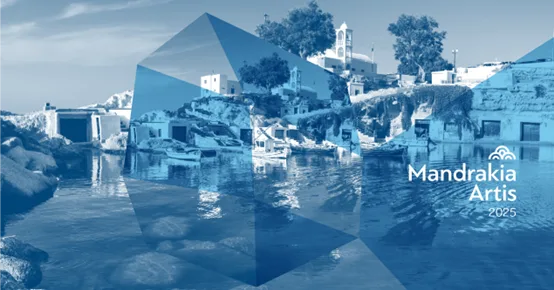 Αφίσα για το Φεστιβάλ Mandrakia Artis 2025 με τοπίο από τη Μήλο.