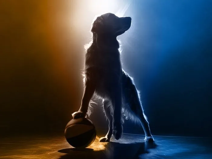 Σκύλος ράτσας Golden Retriever από την ταινία Air Bud σε σκηνή με μπάλα μπάσκετ.