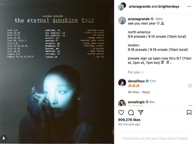 Η Ariana Grande σε φωτογραφία από το Instagram για την περιοδεία Eternal Sunshine Tour.