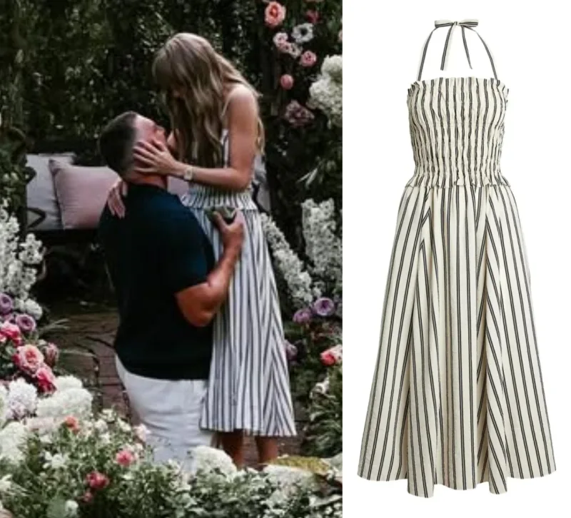 Η Taylor Swift και ο Travis Kelce σε στιγμή αρραβώνα και το ριγέ Ralph Lauren φόρεμα.