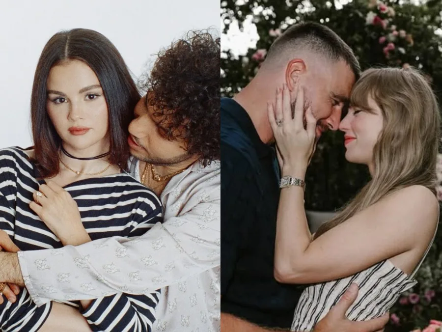 Κολάζ με τη Selena Gomez και τον Benny Blanco αριστερά, και την Taylor Swift με τον Travis Kelce δεξιά.