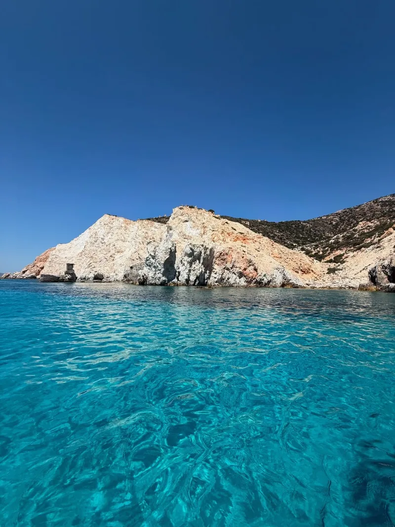 Κρυστάλλινα γαλάζια νερά και βραχώδης ακτή στην Κίμωλο.