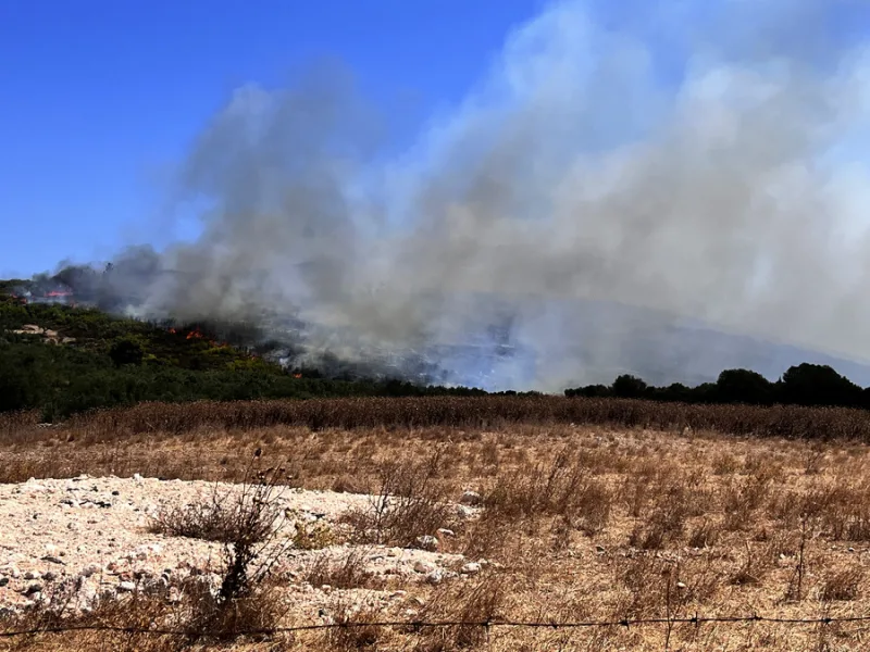 Πυρκαγιά στον Αγαλά Ζακύνθου με τις φλόγες να πλησιάζουν σπίτια και πυροσβεστικές δυνάμεις να επιχειρούν στο μέτωπο.