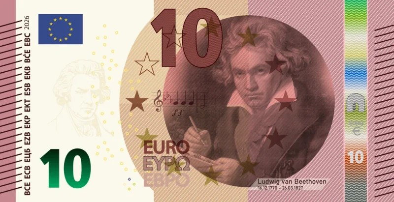 Σχέδιο χαρτονομίσματος 10 ευρώ με το πορτρέτο του Ludwig van Beethoven.