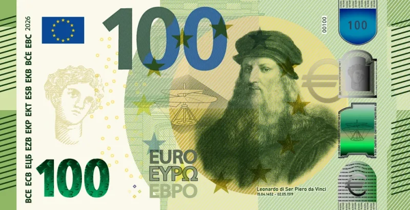 Σχέδιο χαρτονομίσματος 100 ευρώ με το πορτρέτο του Λεονάρντο ντα Βίντσι.