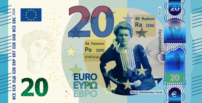 Σχέδιο χαρτονομίσματος 20 ευρώ με τη Marie Curie και χημικά στοιχεία.