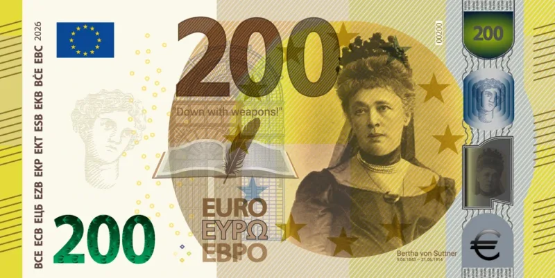 Σχέδιο χαρτονομίσματος 200 ευρώ με το πορτρέτο της Bertha von Suttner και την επιγραφή Down with weapons.