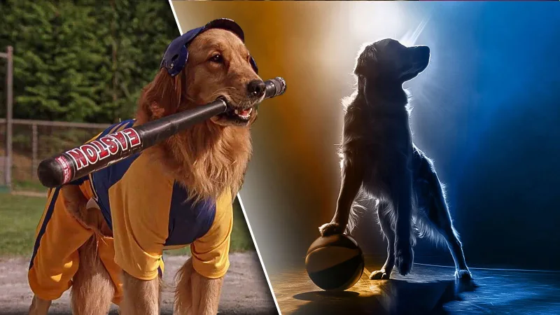 Δύο Golden Retrievers σε αθλητικές πόζες για την ταινία Air Bud.