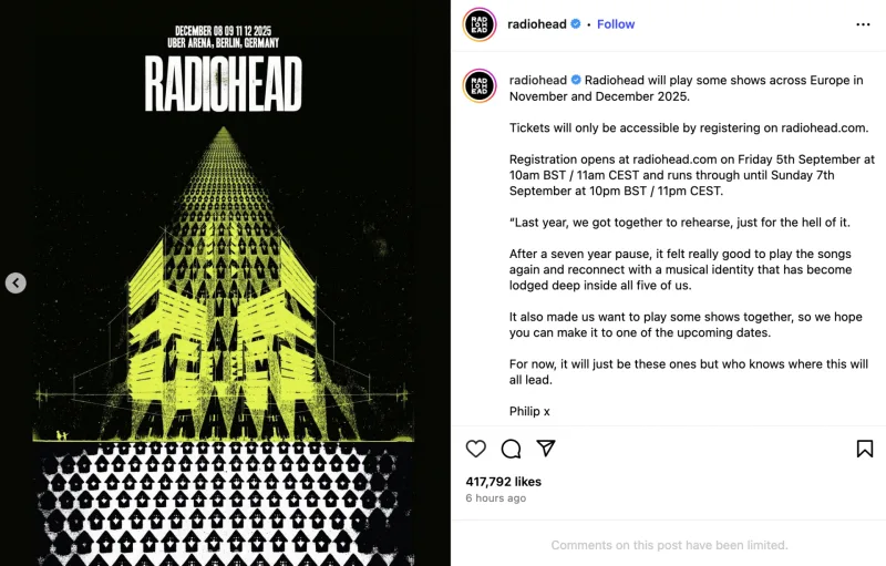 Το λογότυπο του συγκροτήματος Radiohead από τον επίσημο λογαριασμό τους στο Instagram για την ανακοίνωση της περιοδείας.