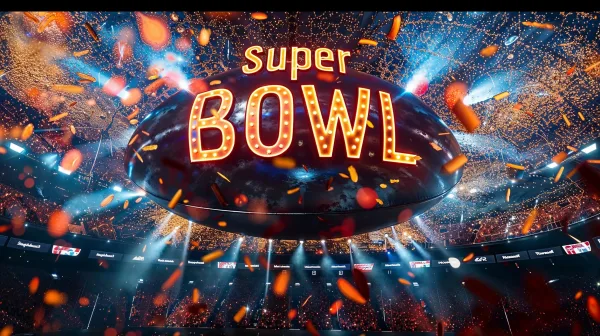 Γραφικό με την επιγραφή Super Bowl σε στάδιο με κομφετί