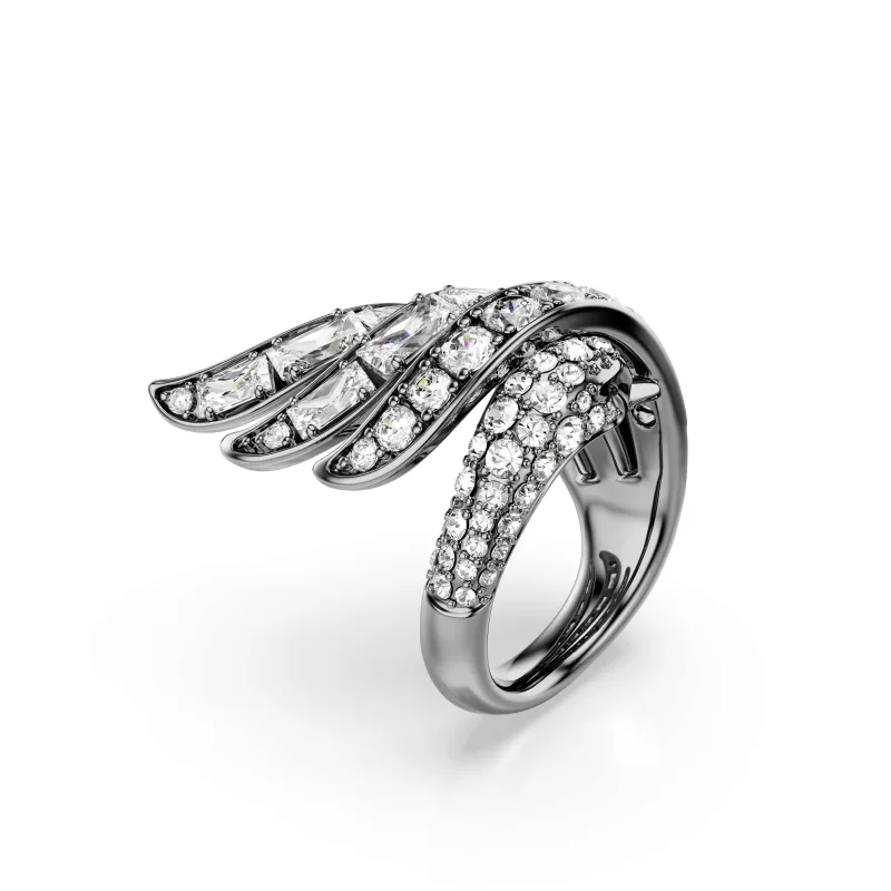 Δαχτυλίδι Swarovski σε σχήμα φτερού κύκνου με λευκούς κρυστάλλους.