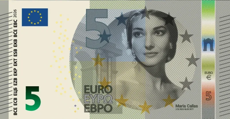 Σχέδιο χαρτονομίσματος 5 ευρώ με το πορτρέτο της Μαρίας Κάλλας.