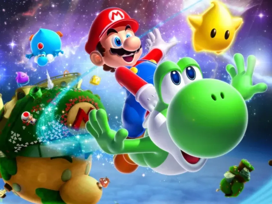 Ο Super Mario πάνω στον Yoshi στο διάστημα.