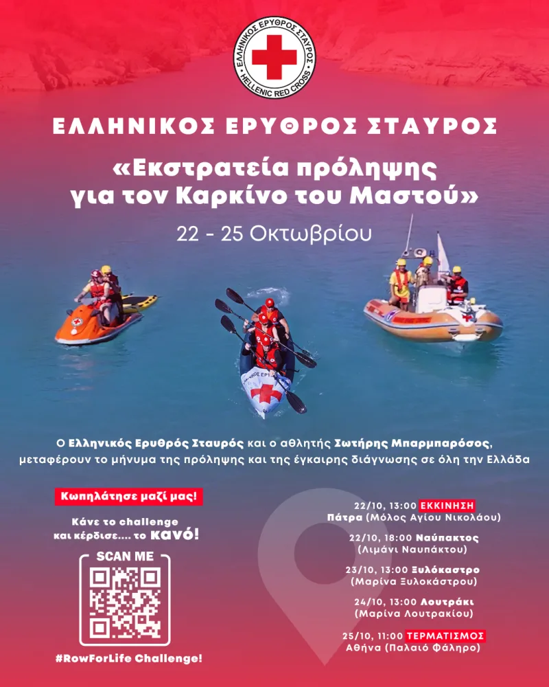Αφίσα του Ελληνικού Ερυθρού Σταυρού για την πρόληψη του καρκίνου του μαστού με σκάφη στη θάλασσα.