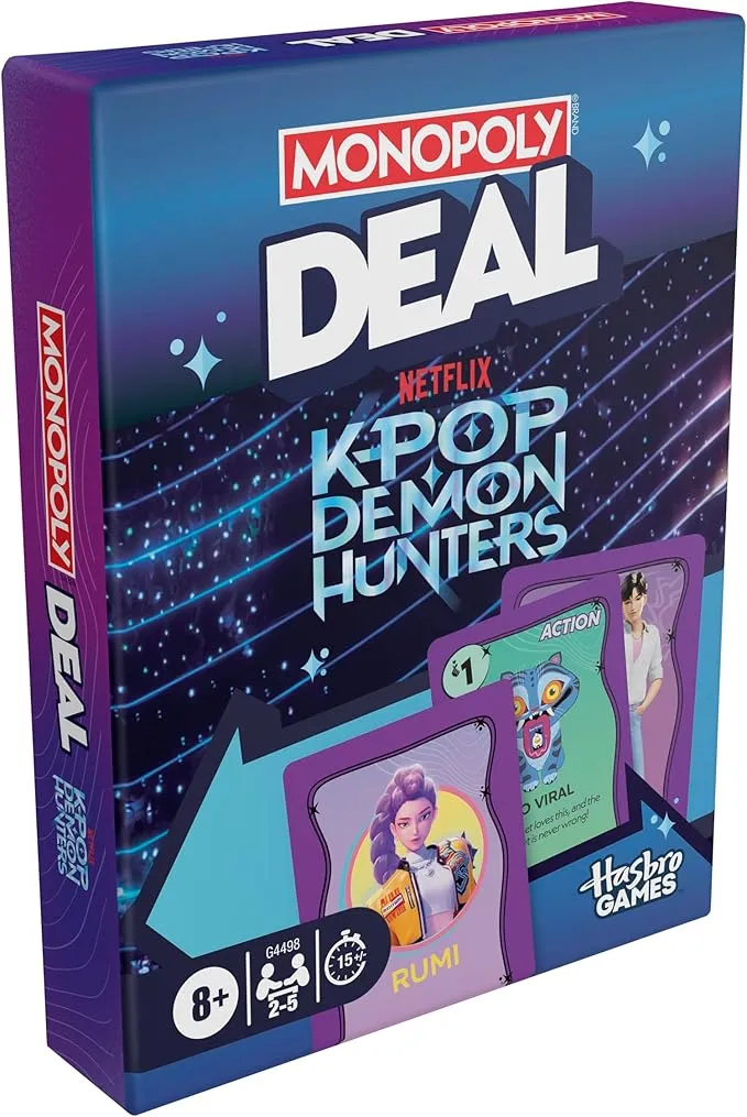 Το επιτραπέζιο παιχνίδι Monopoly Deal KPop Demon Hunters της Netflix, Mattel και Hasbro με κάρτες δράσης και χαρακτήρες.