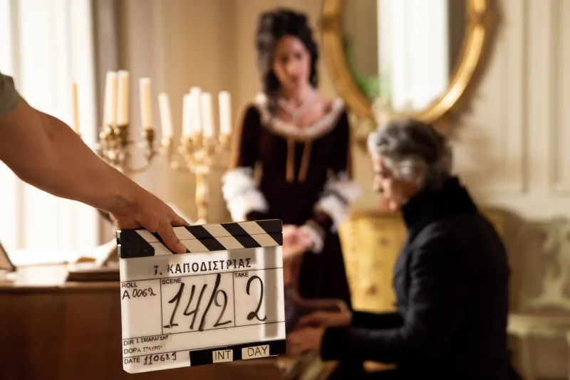 Στιγμιότυπο από τα γυρίσματα της ταινίας Καποδίστριας με τον Αντώνη Μυριαγκό.