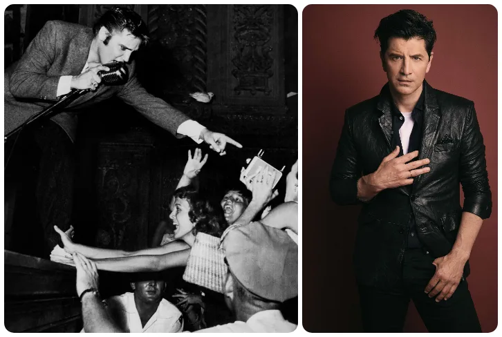 Κολάζ με τον Elvis Presley στη σκηνή και τον Σάκη Ρουβά σε πορτρέτο