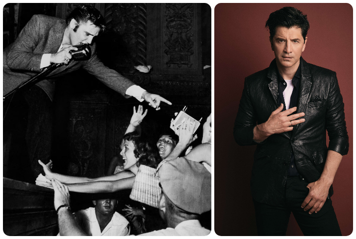 Κολάζ με τον Elvis Presley στη σκηνή και τον Σάκη Ρουβά σε πορτρέτο