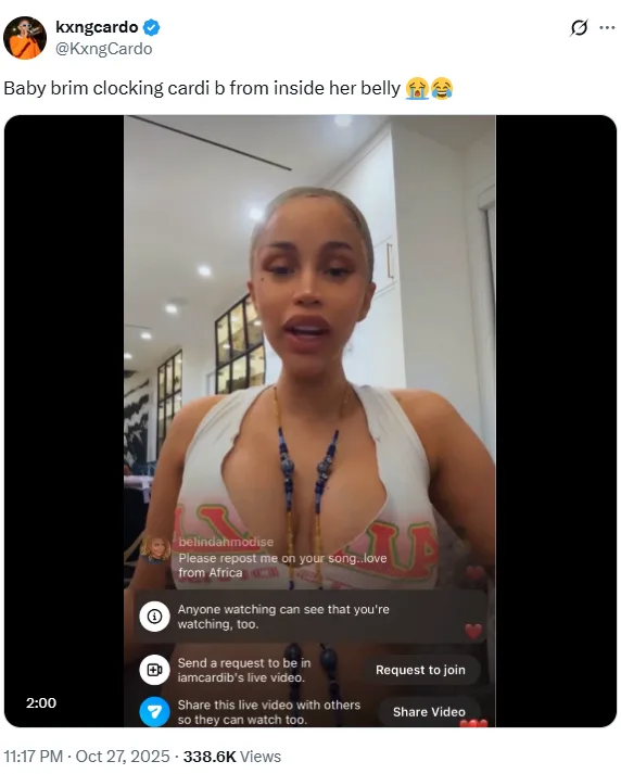 Στιγμιότυπο από live μετάδοση της Cardi B στα social media.