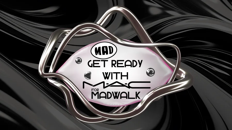 Λογότυπο Get Ready with MAC for MadWalk σε φόντο με μεταλλικά στοιχεία.