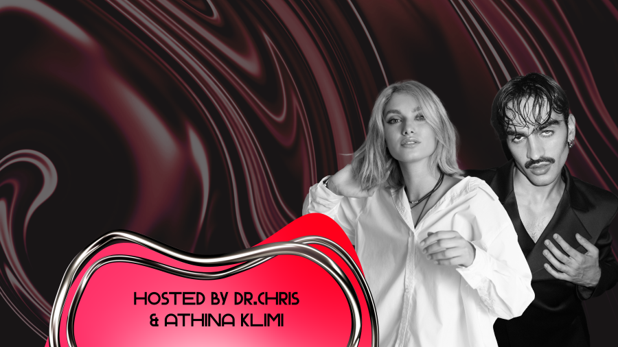 Ο Dr. Chris και η Athina Klimi σε προωθητική εικόνα με αφηρημένο φόντο.