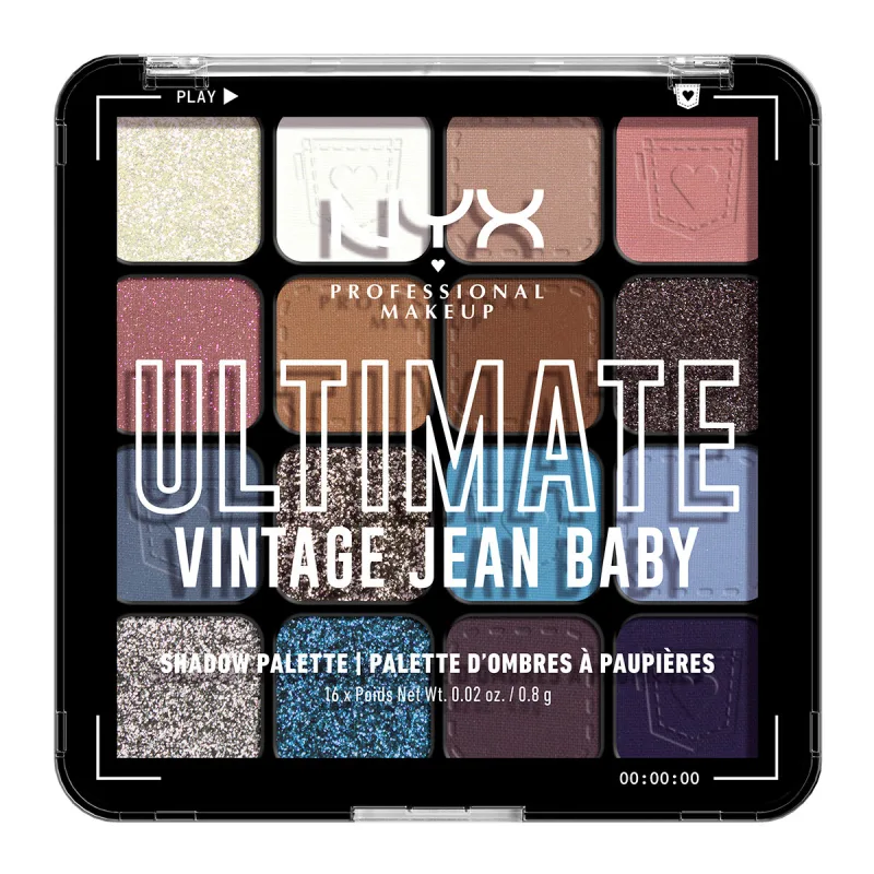 Παλέτα σκιών NYX Ultimate Vintage Jean Baby με αποχρώσεις του μπλε, καφέ και ροζ.