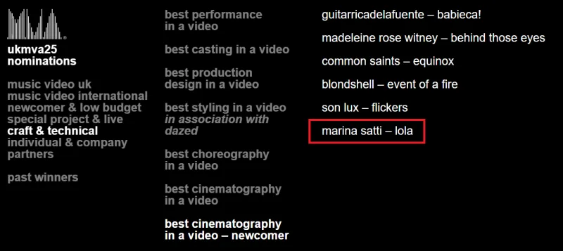 Στιγμιότυπο από τις υποψηφιότητες των UK Music Video Awards 2025 με το όνομα της Μαρίνας Σάττι.