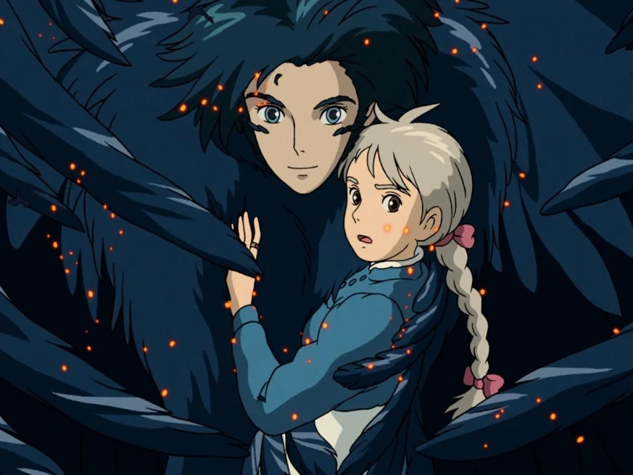 Σκηνή από ταινία animation με δύο χαρακτήρες περιτριγυρισμένους από μαύρα φτερά.