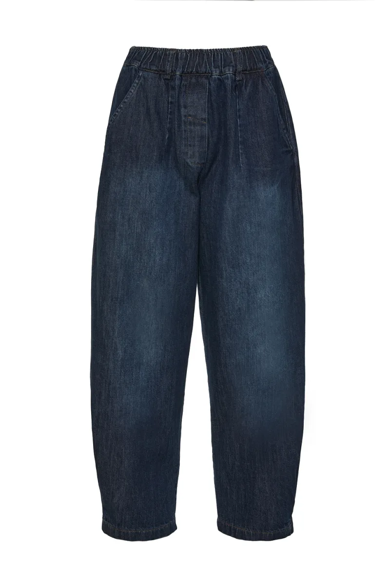 Barrel jeans σε σκούρο μπλε χρώμα με λάστιχο στη μέση.
