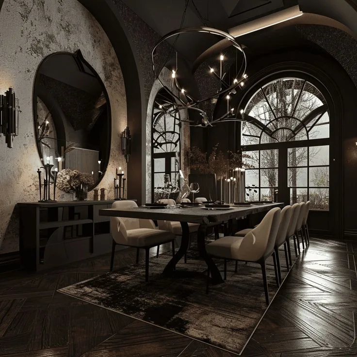 Modern gothic διακόσμηση εσωτερικού χώρου με δραματικά χρώματα και ατμοσφαιρικό φωτισμό για cozy αποτέλεσμα.