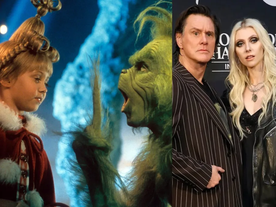 Κολάζ με τον Jim Carrey και την Taylor Momsen στην ταινία Grinch και σε πρόσφατη κοινή τους εμφάνιση.