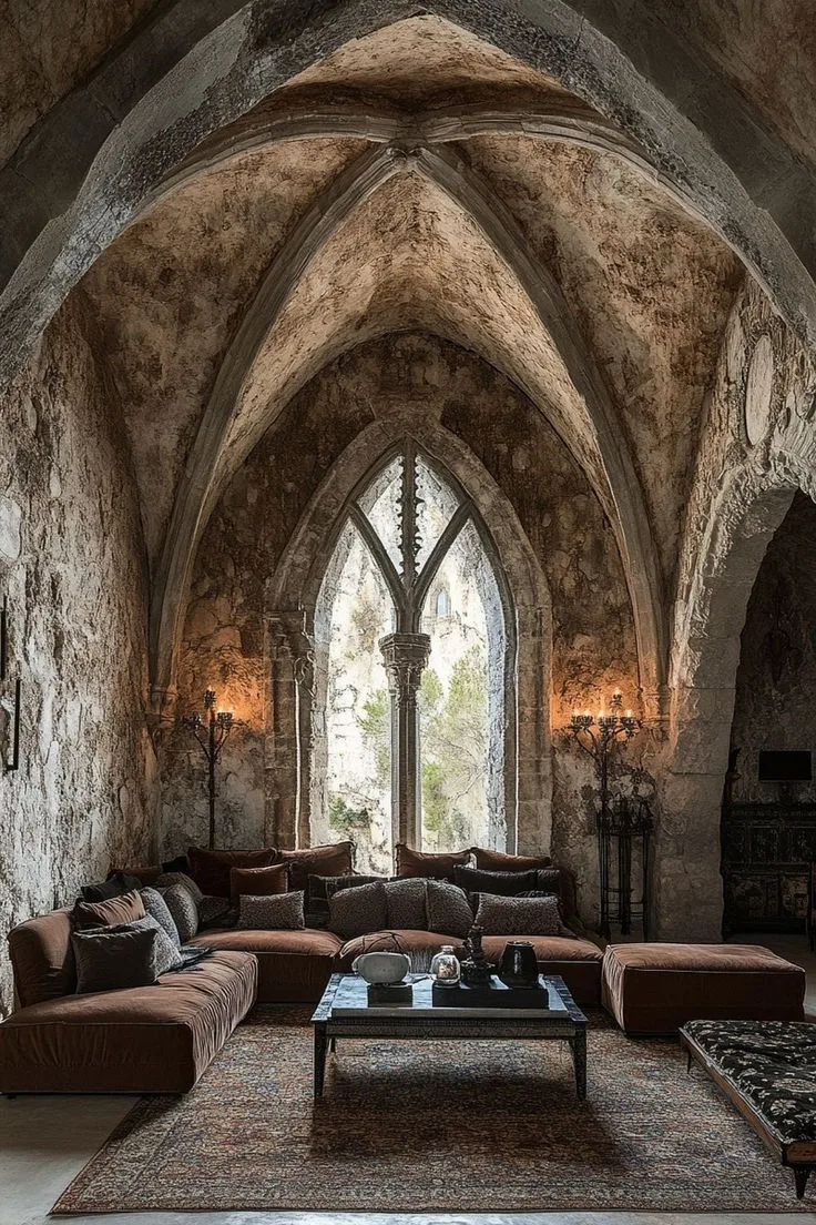 Modern gothic διακόσμηση εσωτερικού χώρου με δραματικά χρώματα και ατμοσφαιρικό φωτισμό.