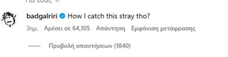 Σχόλιο της Rihanna στο Instagram με το κείμενο How I catch this stray tho?