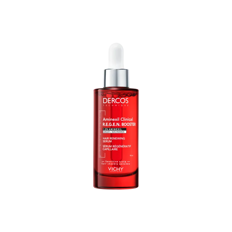 Ορός μαλλιών Vichy Dercos Aminexil Clinical R.E.G.E.N. Booster σε κόκκινο μπουκάλι με σταγονόμετρο.