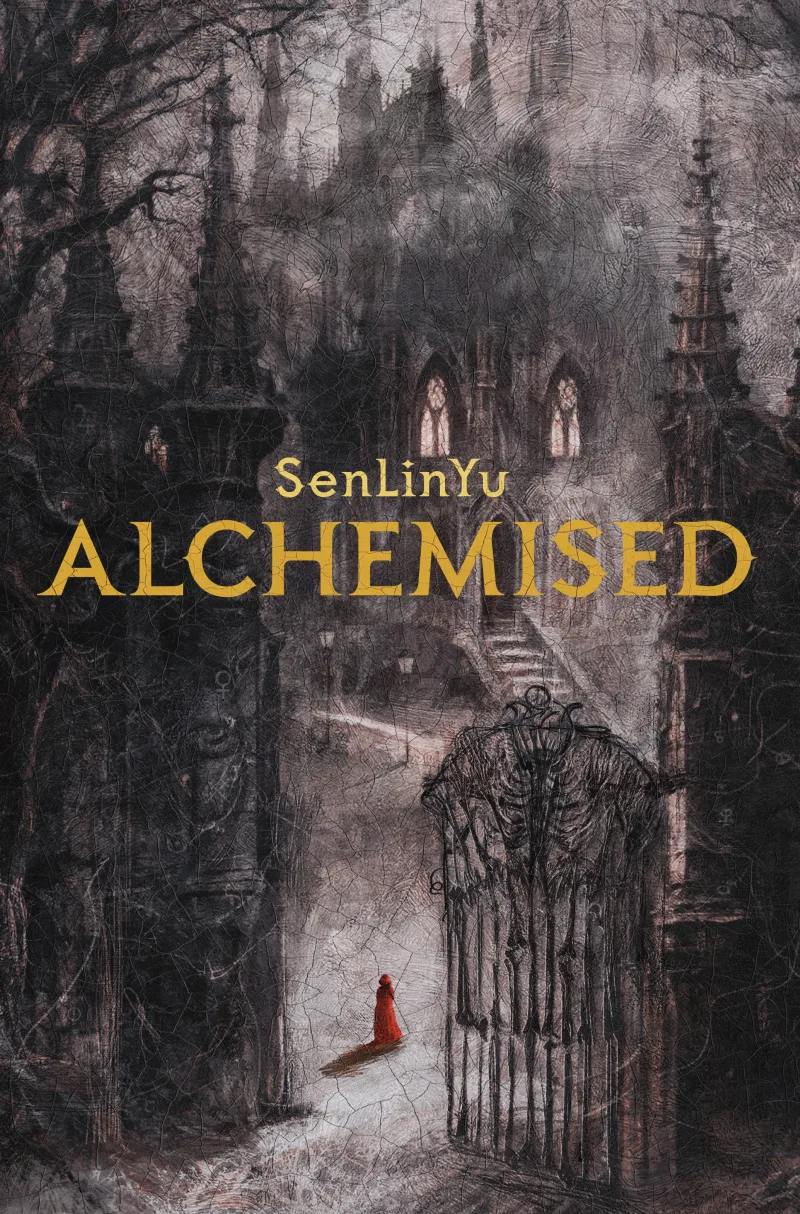 Εξώφυλλο του βιβλίου "Alchemised" της SenLinYu, που απεικονίζει μια φιγούρα με κόκκινο μανδύα μπροστά από ένα σκοτεινό κάστρο.