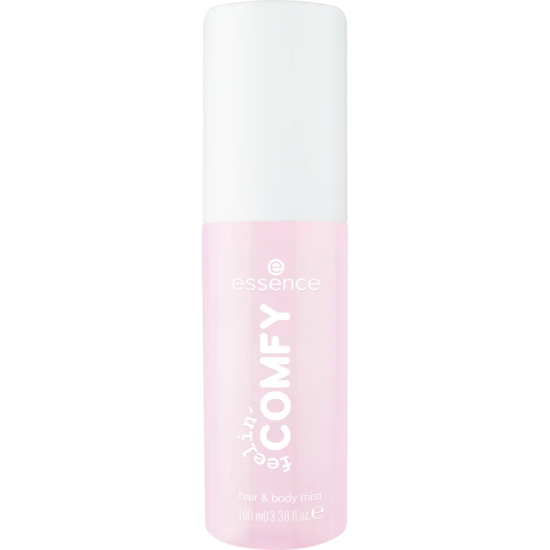 Essence feelin' comfy hair & body mist σε ροζ μπουκάλι με λευκό καπάκι.