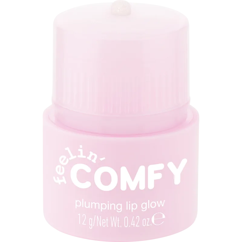 Essence feelin' comfy plumping lip glow σε ροζ συσκευασία.