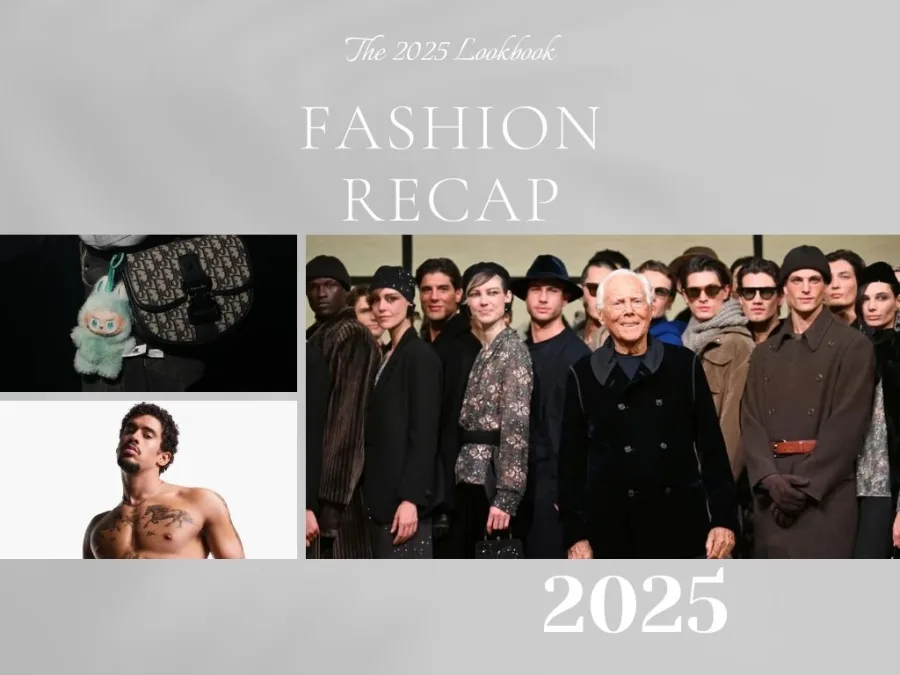 Κολάζ για την ανασκόπηση μόδας 2025 με τον Giorgio Armani, μοντέλα, τσάντα Dior και άνδρα με τατουάζ.