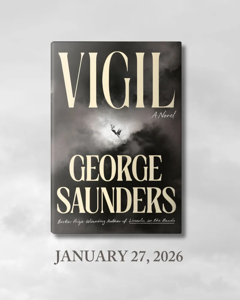Το εξώφυλλο του βιβλίου "Vigil" του George Saunders, που αναμένεται το 2026, με ατμοσφαιρικό φόντο.