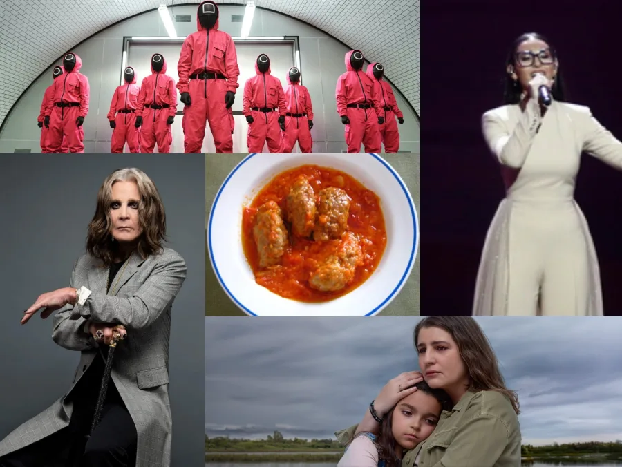 Κολάζ με σκηνές από το Squid Game, τον Ozzy Osbourne, μια τραγουδίστρια, κεφτεδάκια και μια δραματική σειρά.