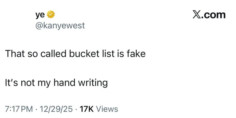 Στιγμιότυπο ανάρτησης του Kanye West στο X (Twitter) σχετικά με μια λίστα στόχων.
