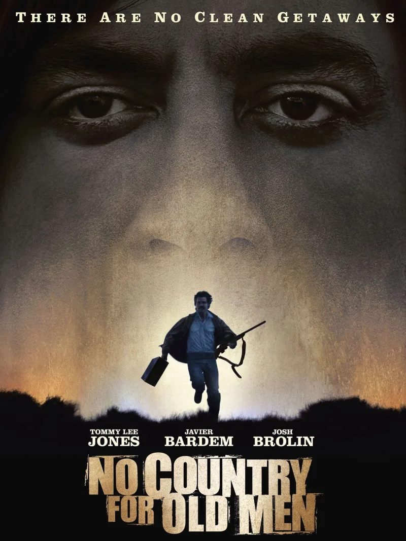 Αφίσα της ταινίας No Country for Old Men με τον Josh Brolin να τρέχει.