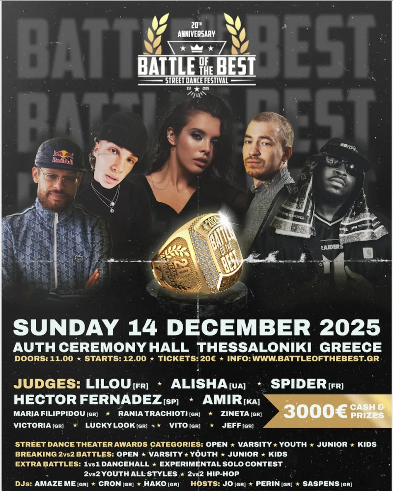 Αφίσα για το Battle of the Best 2025 στη Θεσσαλονίκη με πέντε καλλιτέχνες και ένα χρυσό δαχτυλίδι.