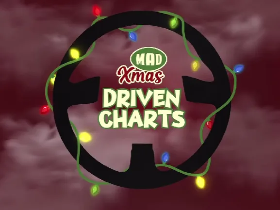 Λογότυπο MAD Xmas Driven Charts με τιμόνι αυτοκινήτου και χριστουγεννιάτικα λαμπάκια.